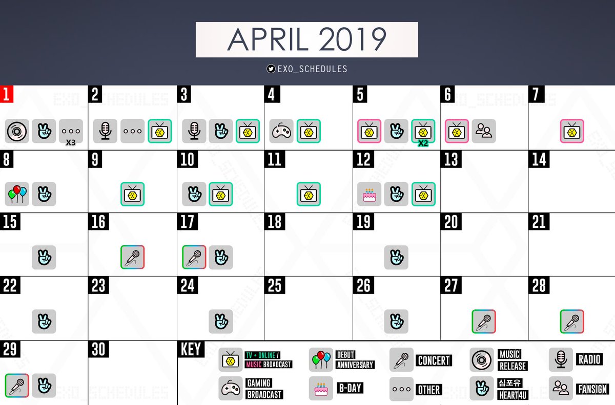 exo_schedules's tweet photo. April 2019 🗓 #EXO's monthly schedule

🕘 As of 190401
📸 https://t.co/au1SqWVgWU

Do not crop or re-post
#엑소 @weareoneEXO @B_hundred_Hyun @layzhang https://t.co/JaCa30kSok