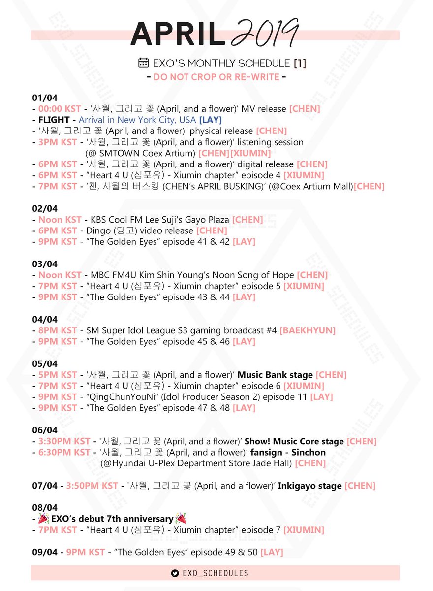 exo_schedules's tweet photo. April 2019 🗓 #EXO's monthly schedule

🕘 As of 190401
📸 https://t.co/au1SqWVgWU

Do not crop or re-post
#엑소 @weareoneEXO @B_hundred_Hyun @layzhang https://t.co/JaCa30kSok