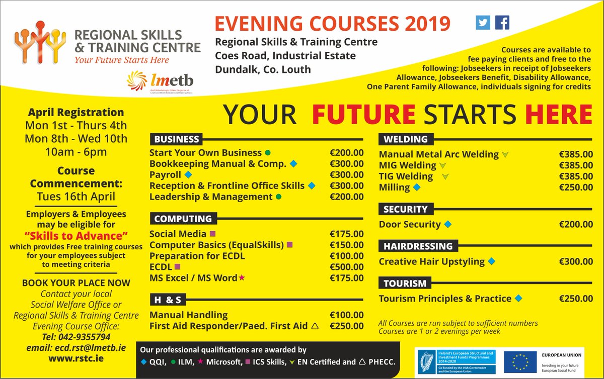 RSTCdlk's tweet image. Now enrolling for our April evening courses! Courses may be free for eligible candidates. Call Aine on 042 9355794.