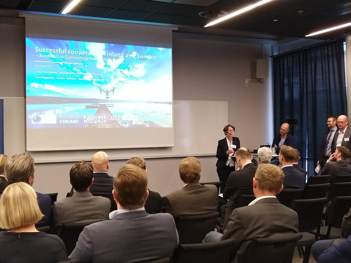 salonen_jouni's tweet photo. Ambassador Liisa Talonpoika and Business Advisor Lars Hagebris giving examples of successful automotive co-operation between Sweden and Finland. @TactoTek @FORCIOTltd @sensible4ltd  @ValossaInc #futurewithfinland #vecs2019 #gothenburg https://t.co/POLOKIhiTt