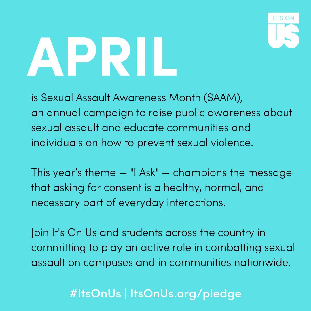 April is #SexualAssaultAwarenessMonth, and April 1-7 is the <a href="/ItsOnUs/">It's On Us</a> 2019 Spring Week of Action on campuses nationwide.

1. Take the #ItsOnUs pledge: itsonus.org/pledge

2. Students, apply to be a campus organizer for the 2019-2020 school year: bit.ly/iouleader

#SAAM
