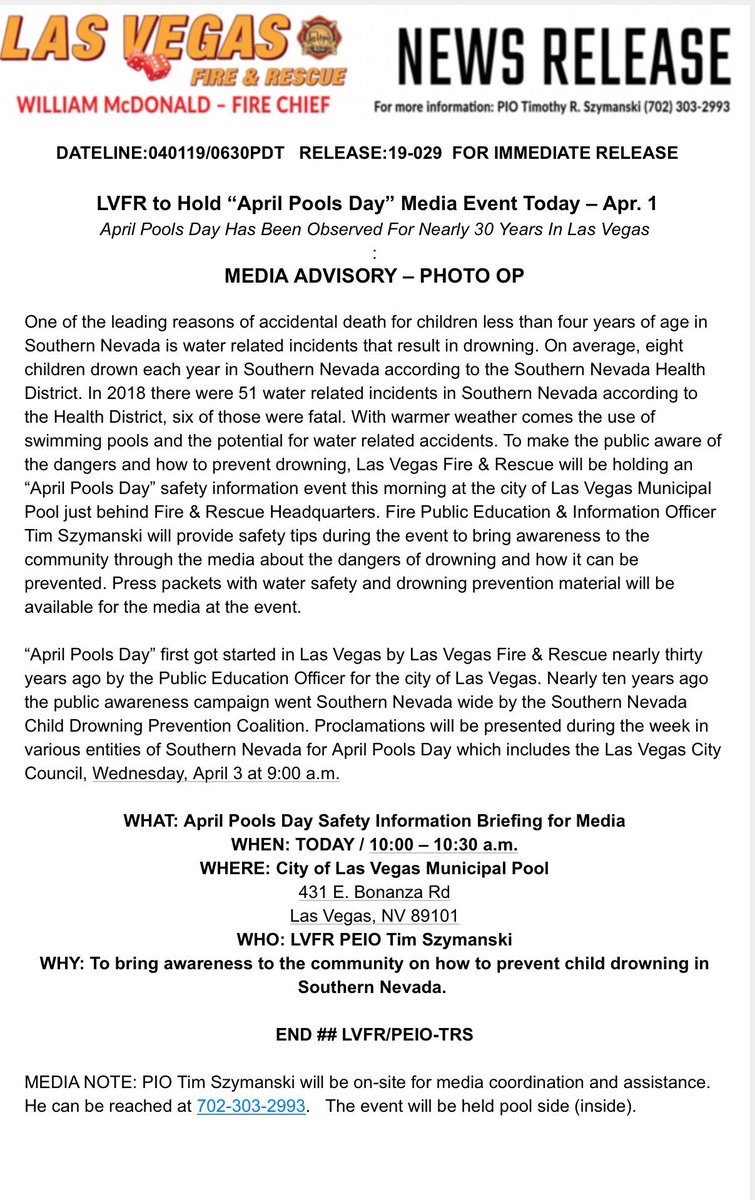 APRIL POOLS DAY MEDIA EVENT, see attached for details: