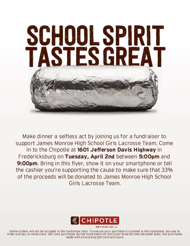 Don’t have plans for dinner tomorrow night??? ....
Pop out with all your friends/family to Chipotle to support your JM girls lacrosse team from 5-9 pm!!!