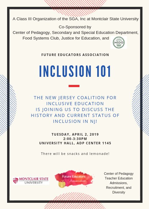 The New Jersey Coalition for Inclusive Education will be sharing the history of Inclusive Education in NJ and it’s current state of implementation.
•••
Our treasurer position is open!!!! Please let us know if you are interested! We will be voting before tomorrow’s meeting!