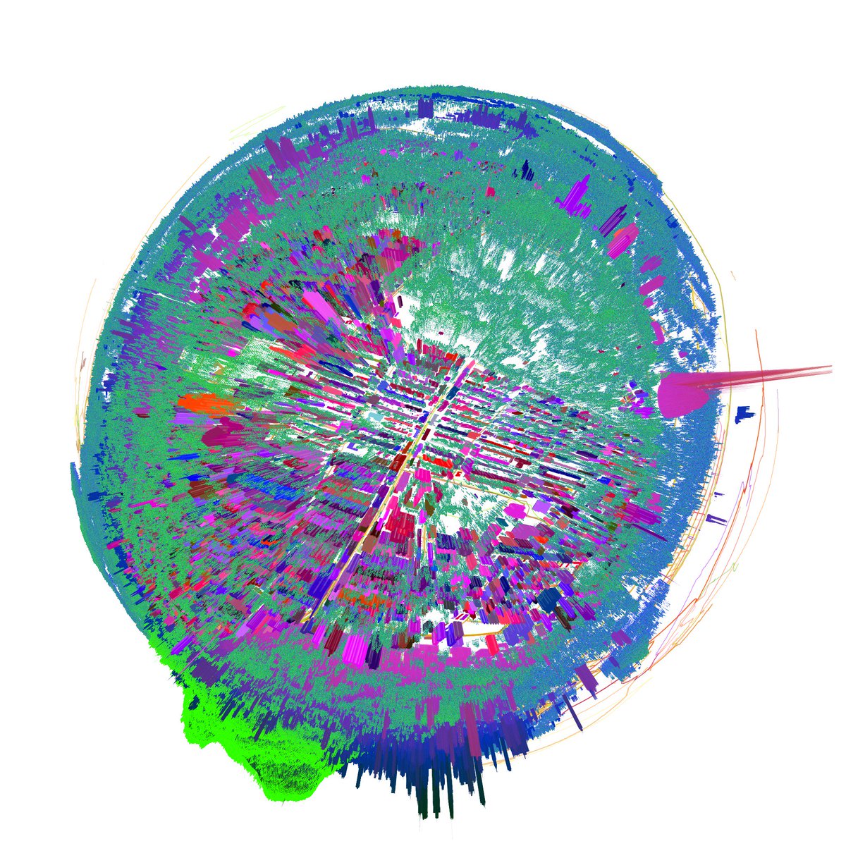 quorumetrix's tweet image. The best result was to use #numpy to combine all the separate point clouds, sort them by their distance from the center, and to draw the &amp;gt;150 million points from the outside-inwards. I then apply a the fish-eye projection to each point, to draw in a 2D #Processingsketch. #dataart