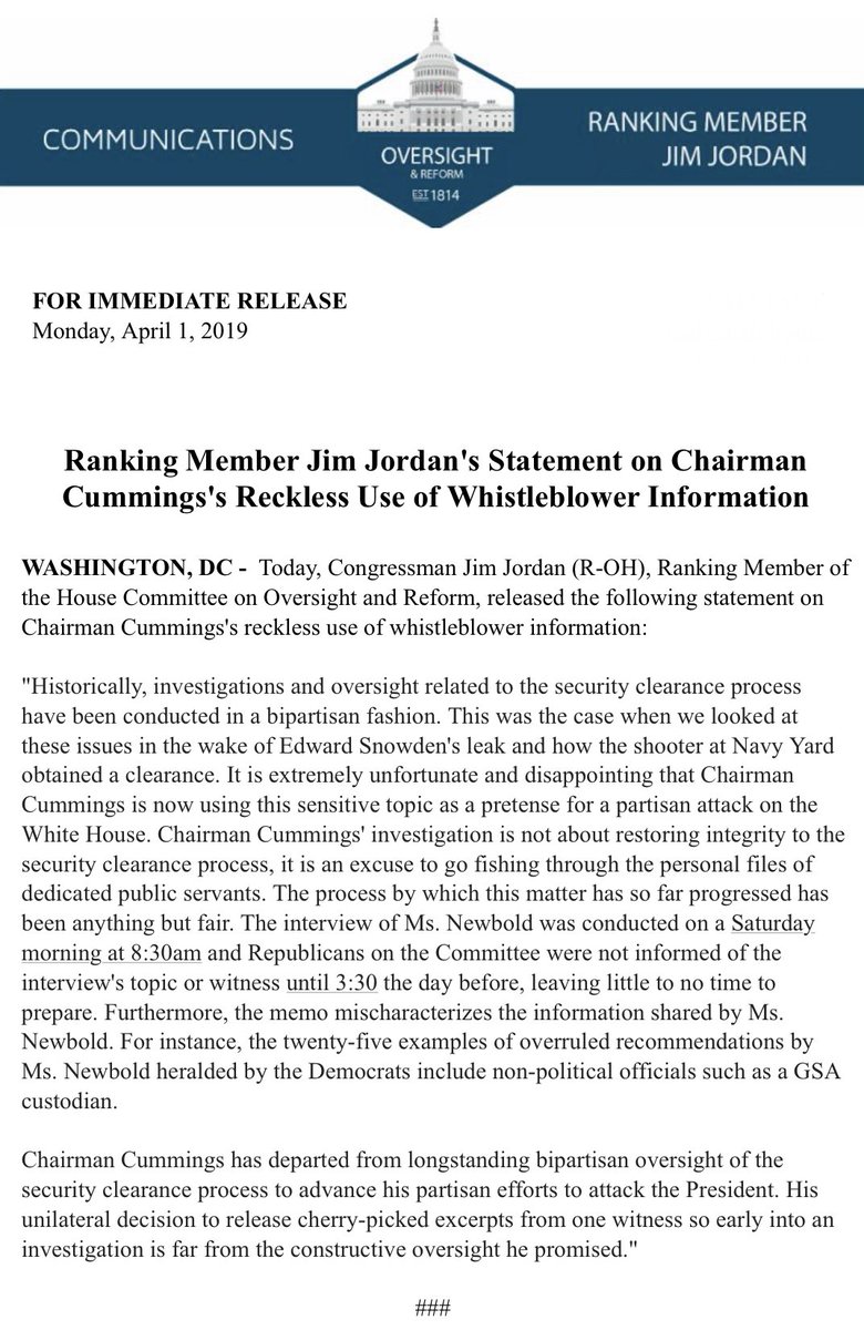 GOPoversight's tweet photo. 🚨#BREAKING: Read @Jim_Jordan’s statement on @RepCummings's Reckless Use of Whistleblower Information.
https://t.co/09QsRijw5o https://t.co/hq6gmtrayH