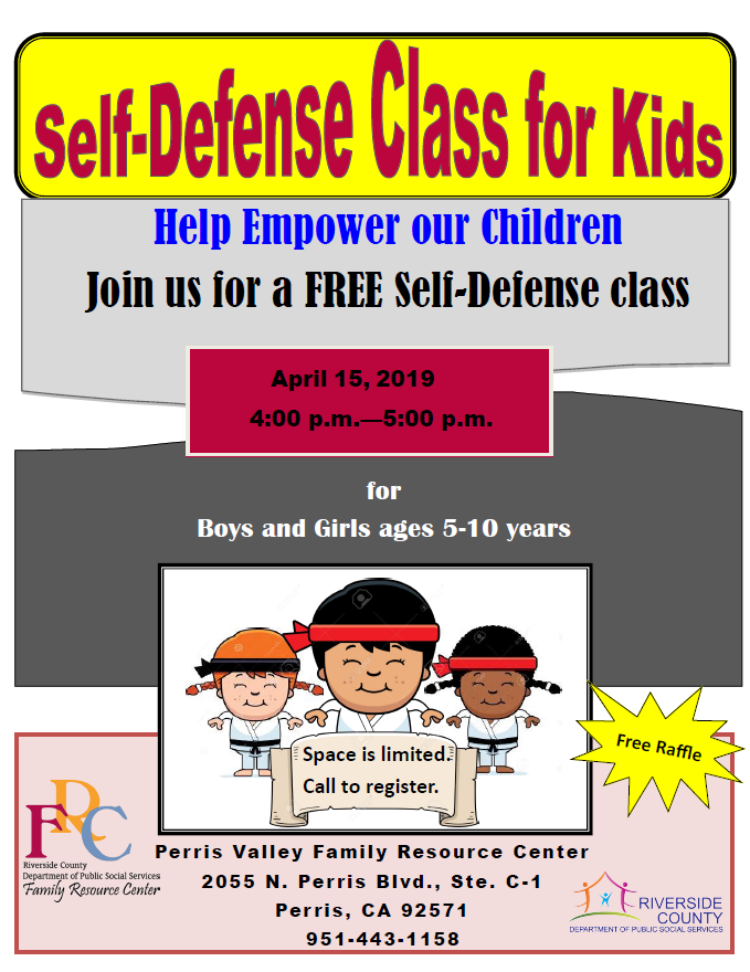 RivCoDPSS's tweet image. FREE SELF-DEFENSE CLASS: The Family Resource Center and Riverside DPSS are providing children's classes for boys and girls April 15, 2019. See Flyer for more details!  #SelfDefense #PerrisEvents #FreeClass
