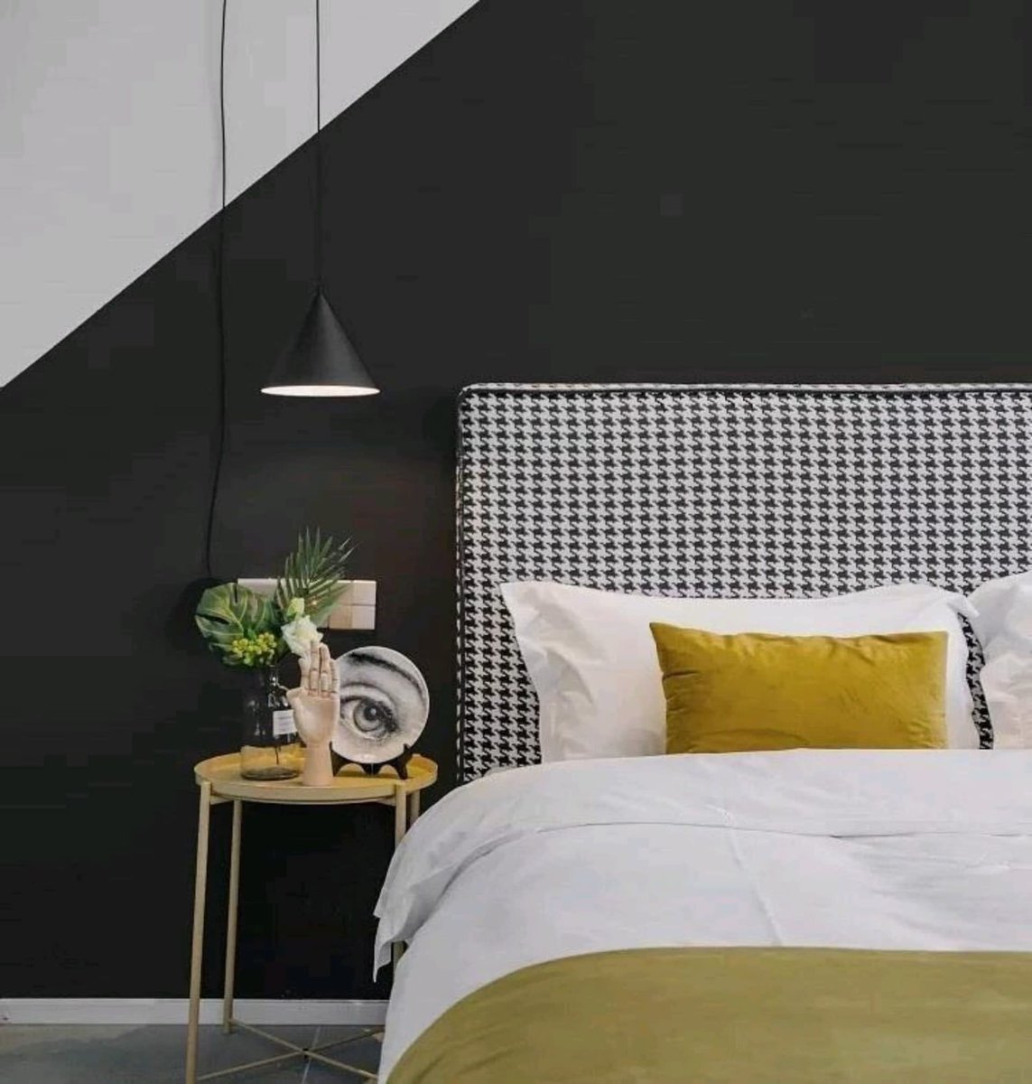 Feeling a little inspired by this picture  Loving the dog tooth headboard and the cinnamon colour combination.