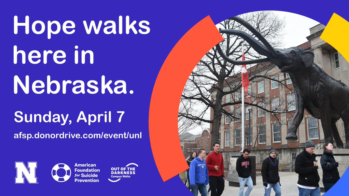 UNLootd's tweet photo. 👋 Hey there @UNL_Resilience @boehm19 @UNLHealthCenter @UNLWellness @ASUN_UNL! 

We're walking to raise funds and awareness to #StopSuicide this Sunday, April 7th! Share with your students and community. 

Register online at https://t.co/ikFpKDhhhp! ✨ #HopeWalksHereUNL #UNL https://t.co/LvxkPLyUCq