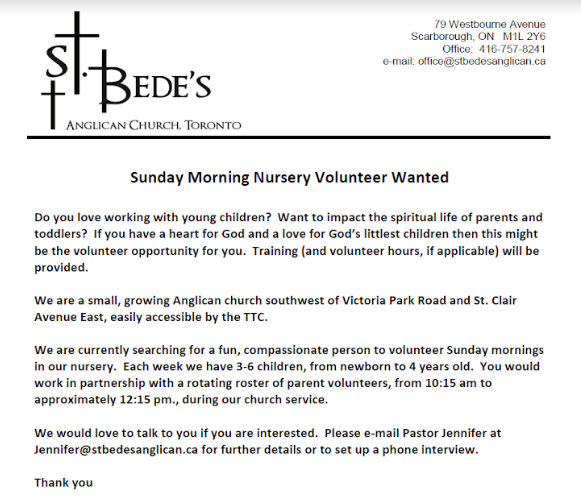 stbedesanglican's tweet photo. This is a great opportunity to help young Christians make their first steps in a lifelong journey of faith. See details and contact Jennifer@stbedesanglican.ca. Please RT or pass on to anyone you know who might be a fit. Thanks. #volunteer #anglican #ScarbTo https://t.co/q8PQfA2lFB