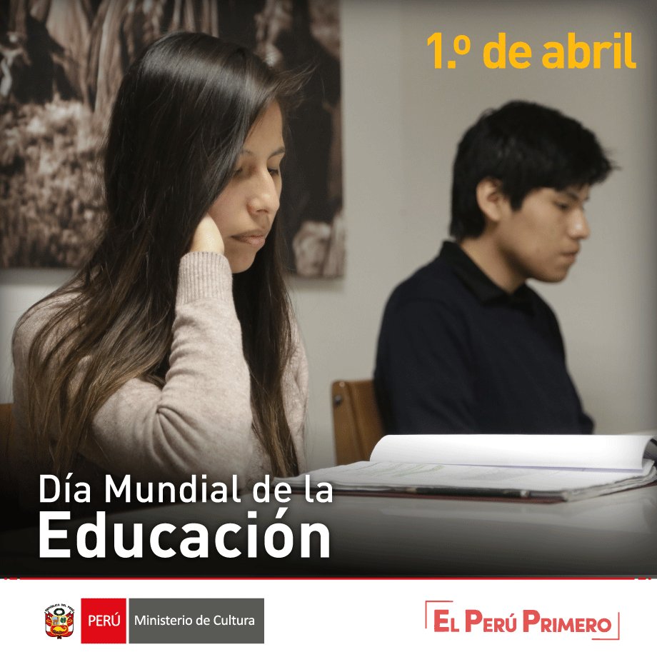 MinCulturaPe's tweet photo. 👩‍🏫👨‍🏫¡Día Mundial de la Educación! 👨‍🎓👩‍🎓
El @MinCulturaPe exhorta a la ciudadanía a contribuir por lograr una #Educación inclusiva y de calidad, respetando nuestra diversidad cultural para ser mejores personas. #ConstruyeCiudadanía https://t.co/3O9faf0Gf9