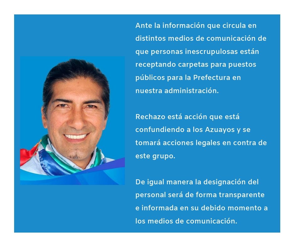 el_alerta's tweet photo. El Prefecto electo para #Azuay, @yakuperezg, a través de su cuenta de twitter, da a conocer la falsedad de una supuesta recepción de carpetas para empleos dentro de su administración. #AlertaCuenca
Vía: @yakuperezg https://t.co/WFe9f6pCvt