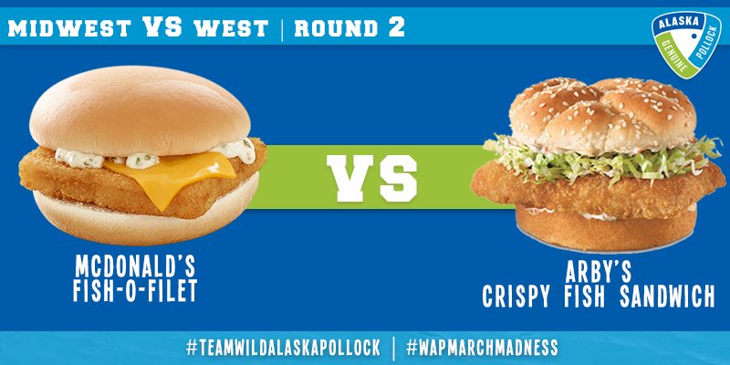 wildAKpollock's tweet photo. Our #FINAL4 is now set! Itโs going to be @WhiteCastle vs @Bojangles1977 and @McDonalds vs @Arbys in the #WAPMarchMadness semifinals. Games start later this week! Follow @wildAKpollock for tip-off and vote for your favorite! ๐ ๐ฅช #WAPfor40 #TeamWildAlaskaPollock #MarchMadness https://t.co/wuiMDZ0vKt