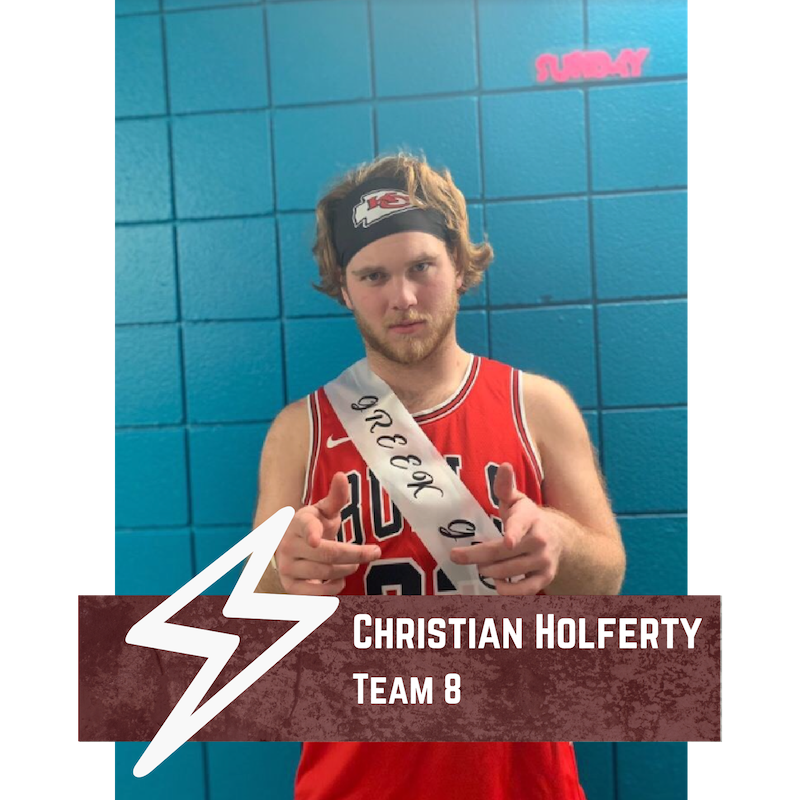 Christian Holferty 
Class: Freshman 
Major: Marketing 
“I am most excited to be a Greek God so the crowd can decide who the better dancer is: me or Hannah Bogue.”