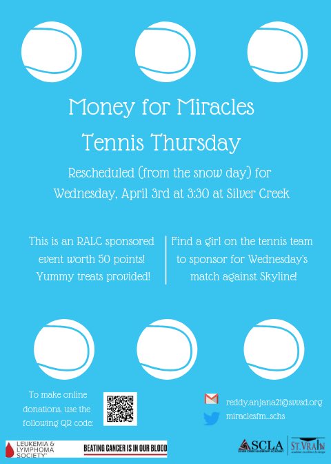 miraclesfm_schs's tweet photo. Don’t forget about our rescheduled Tennis Thursday event this Wednesday, April 3rd at SC at 3:30! @SilverCreekLA @sclacapstone @LLSPenniesRM https://t.co/4qGwuHHkJb