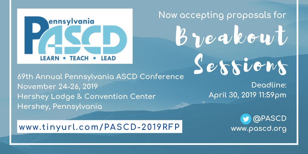 nstulak's tweet photo. Now accepting proposals for Breakout Sessions at the 69th Annual Pennsylvania ASCD Conference!
🔹4 Formats: Ignite, Panel Discussion, Table Talk & Presentation 🔹 Go to: https://t.co/pOg3pkXFlv to submit your proposal - Deadline is April 30, 2019 @PASCD @DVR_PASCD @ASCD #PASCDEL https://t.co/wS0sISORec