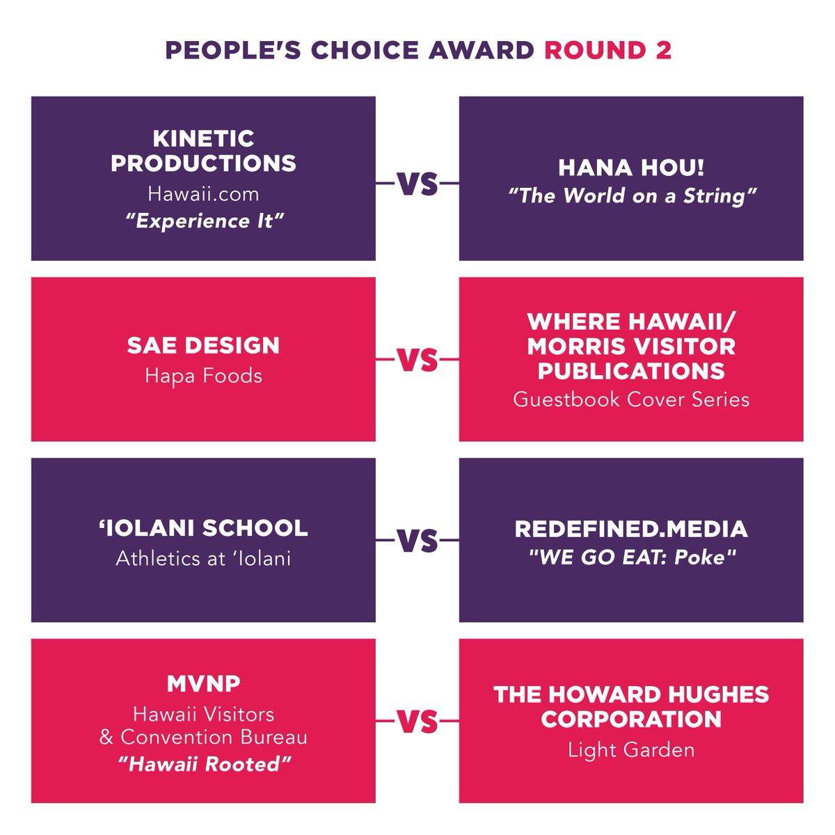 Check out the 8 survivors from Round 1 of the People's Choice Award Bracket - and go vote for Round 2 at the link in bio before Friday at 5pm HST.