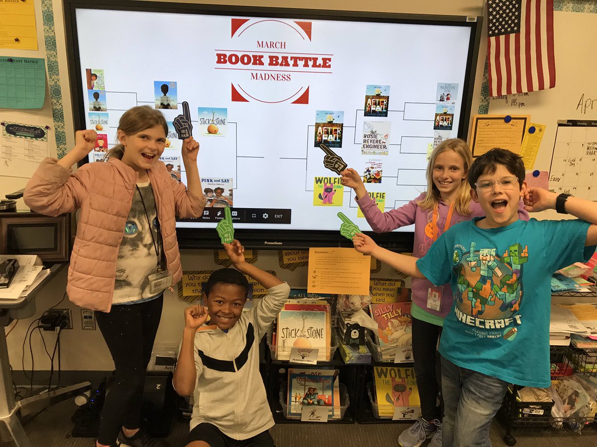 kyndrahartzler's tweet photo. We are going wild over our Final Four book choices!! Will there be an upset in the classroom? #MarchMadness #bringingbooksalive #WeHartReading #ExploreWells @CFISDWells https://t.co/WyaoRY3Hwp