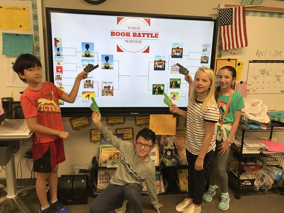 kyndrahartzler's tweet photo. We are going wild over our Final Four book choices!! Will there be an upset in the classroom? #MarchMadness #bringingbooksalive #WeHartReading #ExploreWells @CFISDWells https://t.co/WyaoRY3Hwp