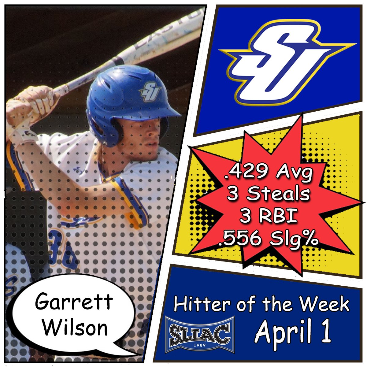 SLIAC's tweet photo. ⚾ @SU_GoldenEagles Garrett Wilson picks up his first weekly honors this season as @SLIAC Diamond Sports Hitter of the Week ⚾ #SLIACtion #d3baseball https://t.co/1sB4fOeGzO