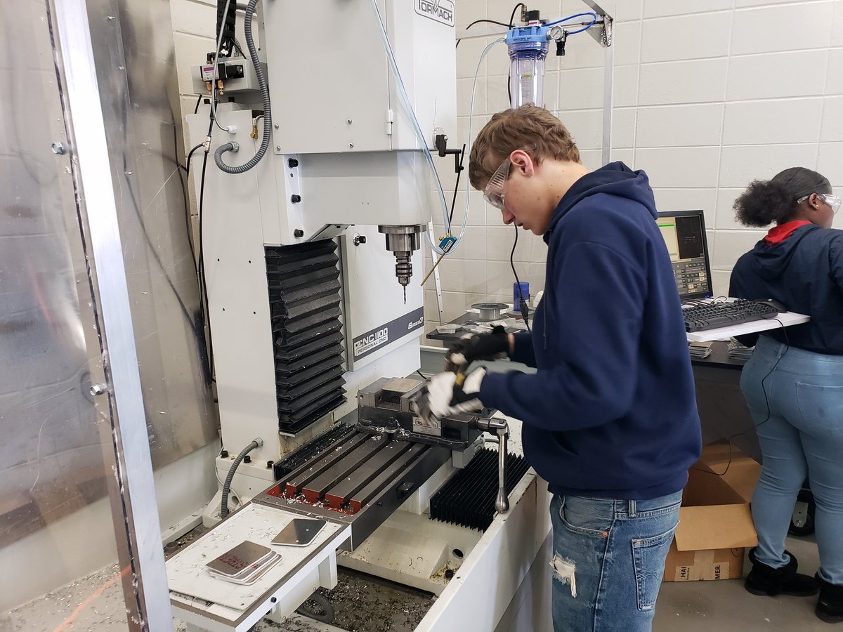 Brandon prepping material on the CNC Mill. This is where the money is, a career with a great future! <a href="/HSVk12/">Huntsville City Schools</a> <a href="/HSVCareerCoach/">HCS Career Coach</a> <a href="/HSVCTE/">Huntsville CTE</a> <a href="/MaeJemisonHS/">Mae Jemison High School</a>