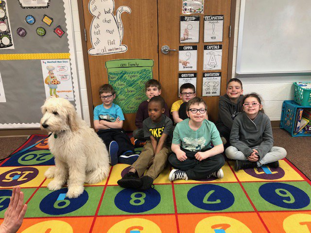 misshoffman18's tweet photo. Had a great time with our special guest Friday!  Thank you Mrs. Persing for bringing your puppy in to show off his tricks and practice for being a service dog.  #LevelUpRL https://t.co/4oB1O1L5Xt