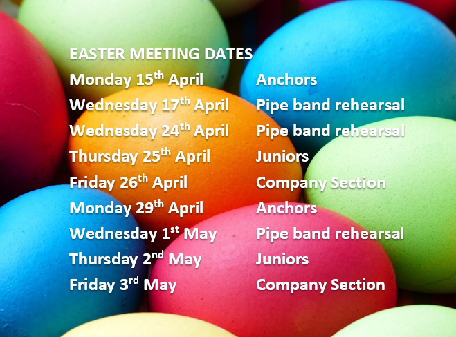 With Easter fast approaching and schools now on holiday, here is a list of dates indicating when Anchors, Juniors, Company Section and the Pipe Band will meet in the coming weeks. Remember that you can keep up to speed with our online diary - 1stbearsdenbb.org/diary