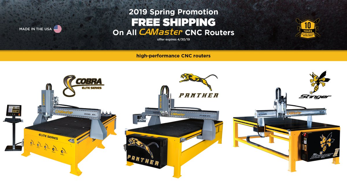 camastercnc's tweet photo. During April 2019 receive FREE Shipping on any Cobra, Panther or Stinger during CAMaster's Spring Promotion event! 

View our machines and request a quote at https://t.co/f3fbX9WgSG

#CAMaster #CNCrouters #sale #heavyduty #machine #MadeinUSA #woodworking #machinery #woodshop https://t.co/p3lu3akMuF