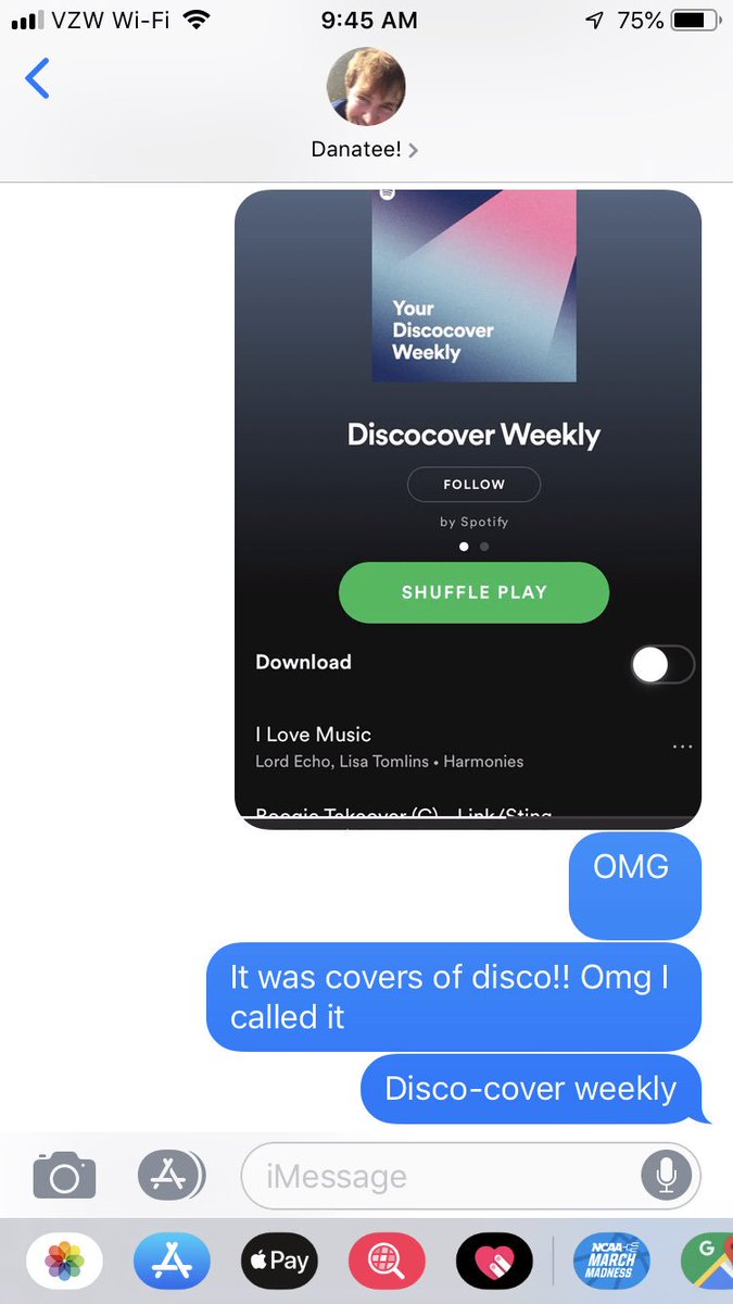 TheRealSlusk's tweet photo. .@Spotify is it a prank if I totally called it?? #AprilFoolDay #discocoverweekly
to be fair- I love disco! Just not disco covers 🕺🏻 https://t.co/NdnW4I9EVY