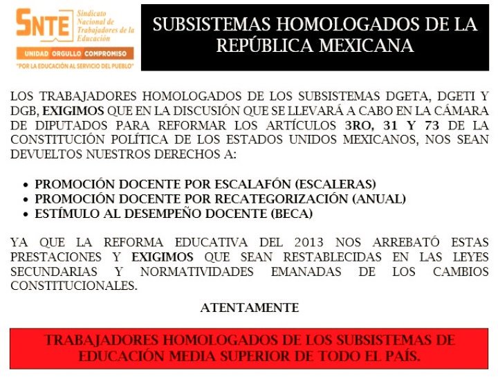 ixeibanez's tweet photo. #Homologados de todo el país exigimos:

* Promoción Docente en hrs y recategorización
* Estímulo al Desempeño Docente
*Basificación 

.@AdelaPina2018 
.@mario_delgado
.@RicardoMonrealA
.@emoctezumab 
.@lopezobrador_ 
.@SnteNacional https://t.co/Saey8o121G