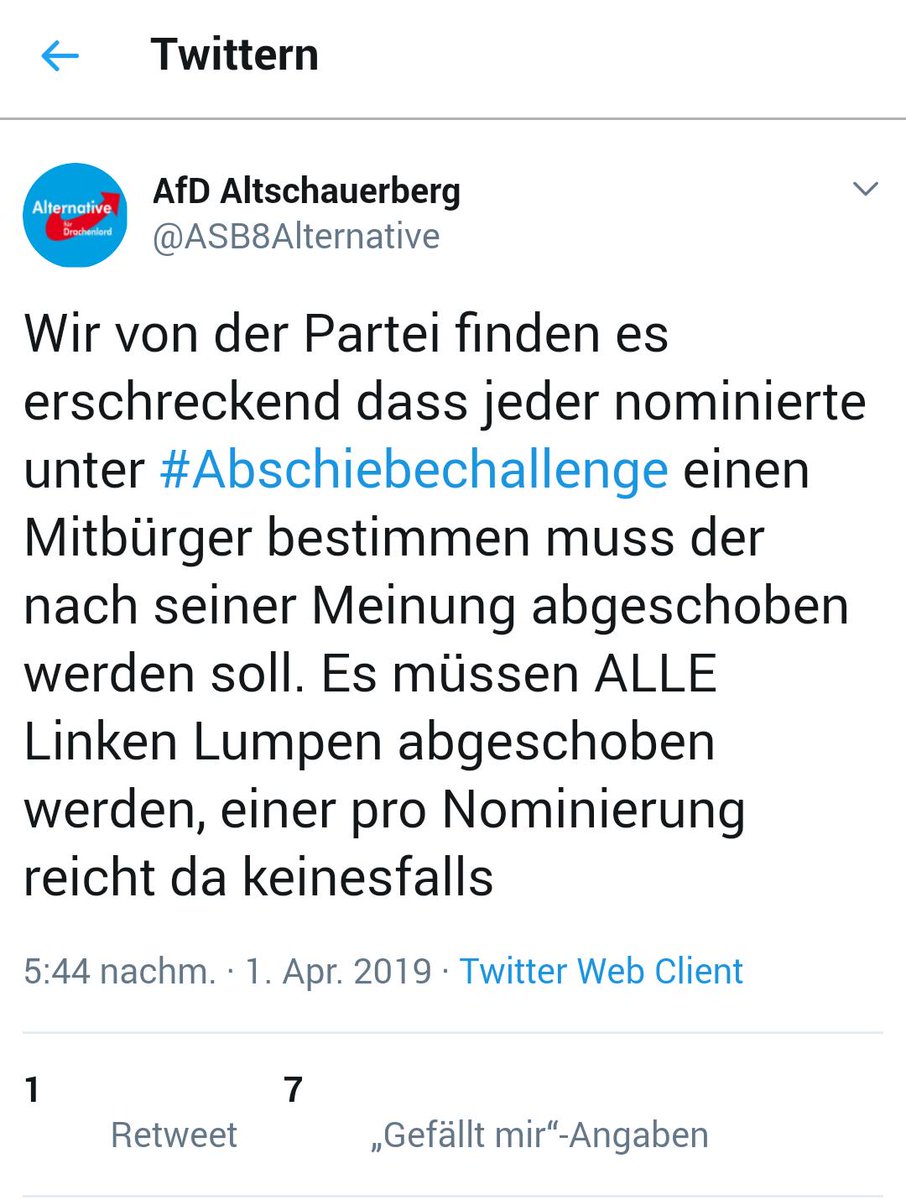 Unter #Abschiebechallenge meldet sich auch die AFD Altschauerberg zu Wort und möchte dass wir abgeschoben werden. @Twitter wie wärs wenn ihr darauf mal reagiert ?