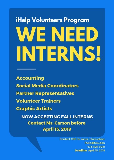 iHelp_FVSU's tweet photo. We Need Interns! Now accepting Fall Interns! #FVSU #iHelpFVSU #iHelpForiHelp https://t.co/KwsMlbfFOk