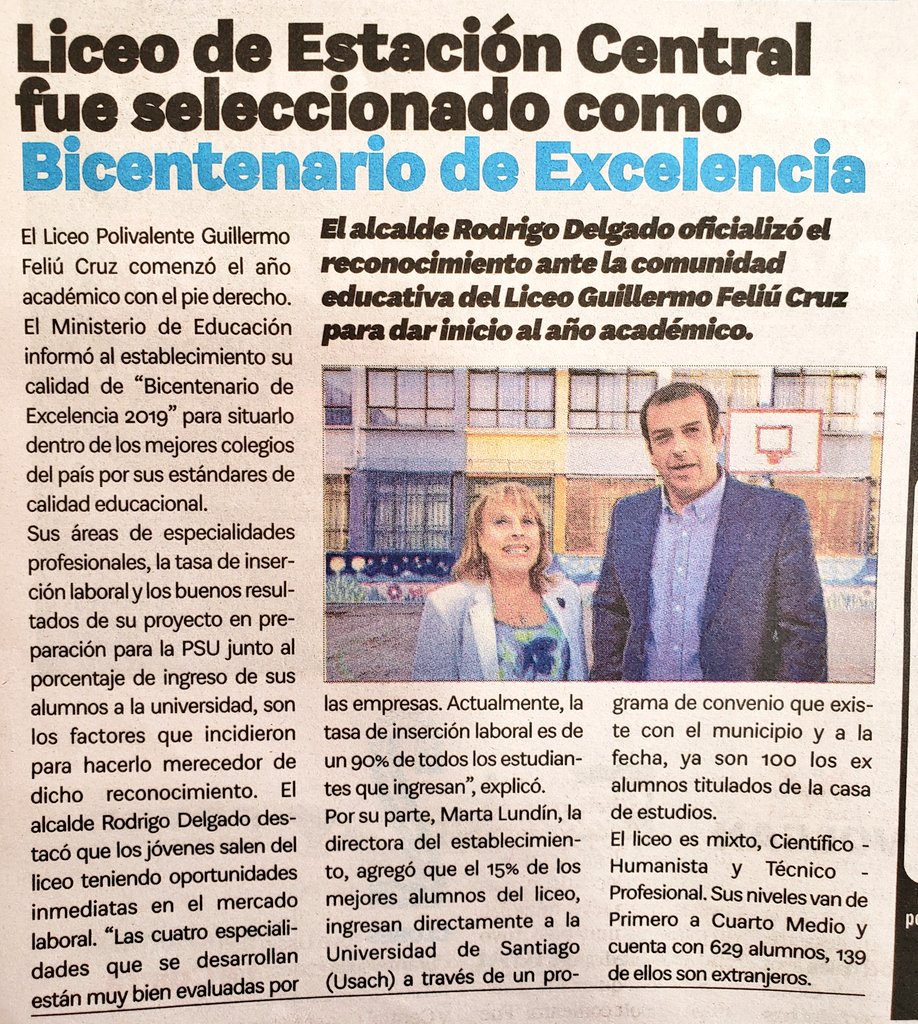 El diario <a href="/lacuarta/">La Cuarta</a> destacó que liceo de #EstaciónCentral fue seleccionado por <a href="/Mineduc/">Ministerio de Educación</a> como "Bicentenario de Excelencia".

📌El alcalde <a href="/RodrigoDelgadoM/">Rodrigo Delgado Mocarquer</a> felicita a toda la comunidad educativa del Liceo Guillermo Feliú Cruz 👏