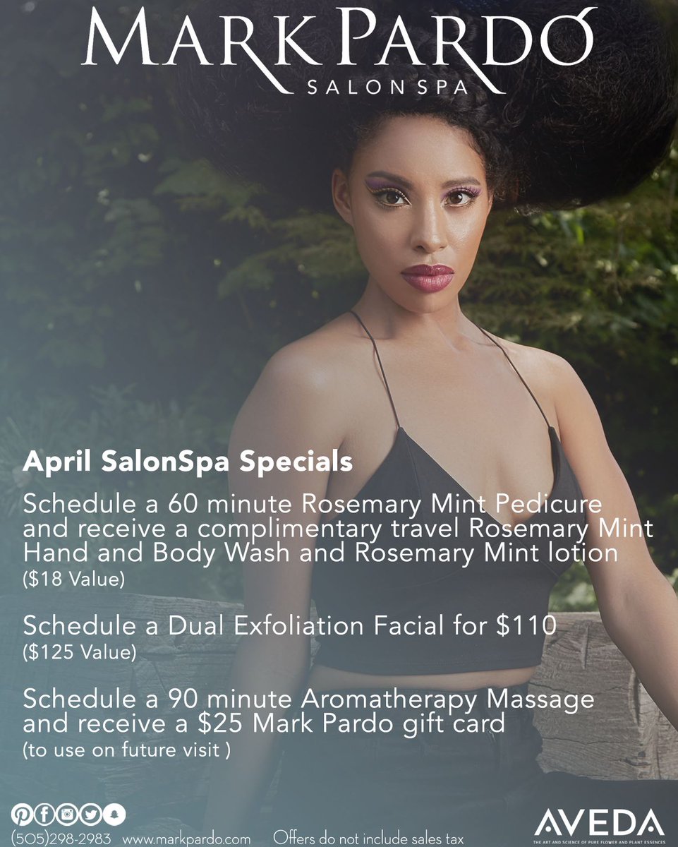 Get Spring-ready with our April SalonSpa Specials!
.
.
.
.
.
#markpardo #abqsalon #abqspa #505 #505salon #505spa #aveda #avedasalon #avedaspa #avedasalonspa #crueltyfree #crueltyfreebeauty #crueltyfreesalon #friendsoftheearth #salonspaspecials #salonspecials #earthfriendly
