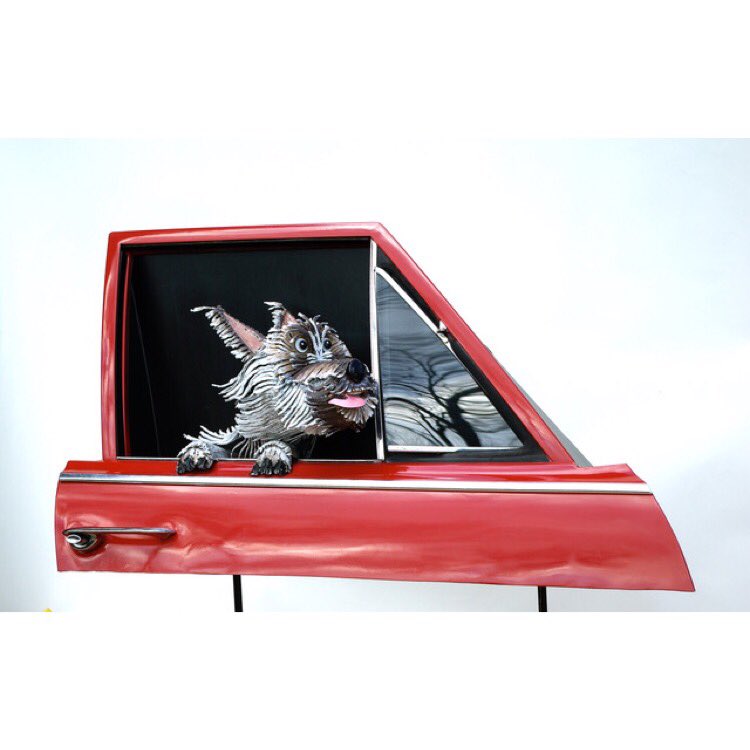 Congratulations to our LIMarts: April Artist of the Month, Gary Garrett! He reuses automotive parts to create his many sculptures! “I try to create art that will make the viewer smile - a cartoon in metal that tells a story”. #art #dogs #cats #recycledart