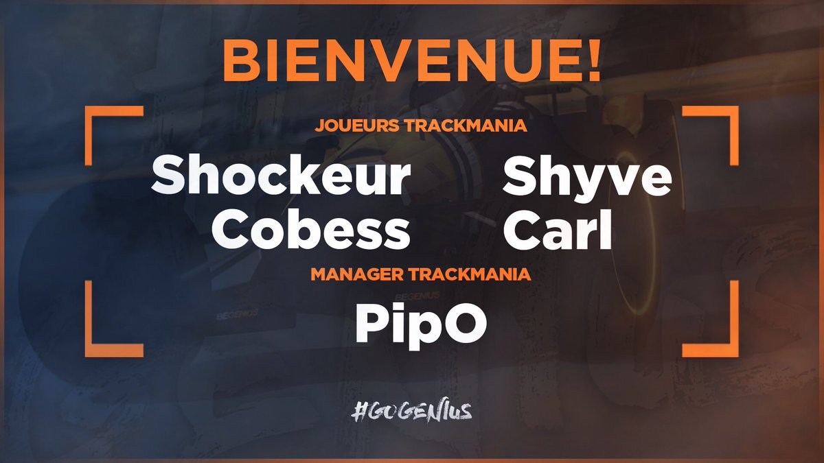 beGeniusESC's tweet photo. 🏁 Annonce : Trackmania² Stadium

beGenius est fier d'annoncer l'arrivée de nouveaux génies au sein du roster Trackmania ! 
📑 @PipoTM2 - Manager
🏎️ @CobessT 
🏎️ @ShockeurTM
🏎️ @ShyveTM
🏎️ Carl

Bienvenue dans la famille ! Retrouvez les bientôt sur les circuits... 👀

#GoGenius https://t.co/0eOawH6eqV