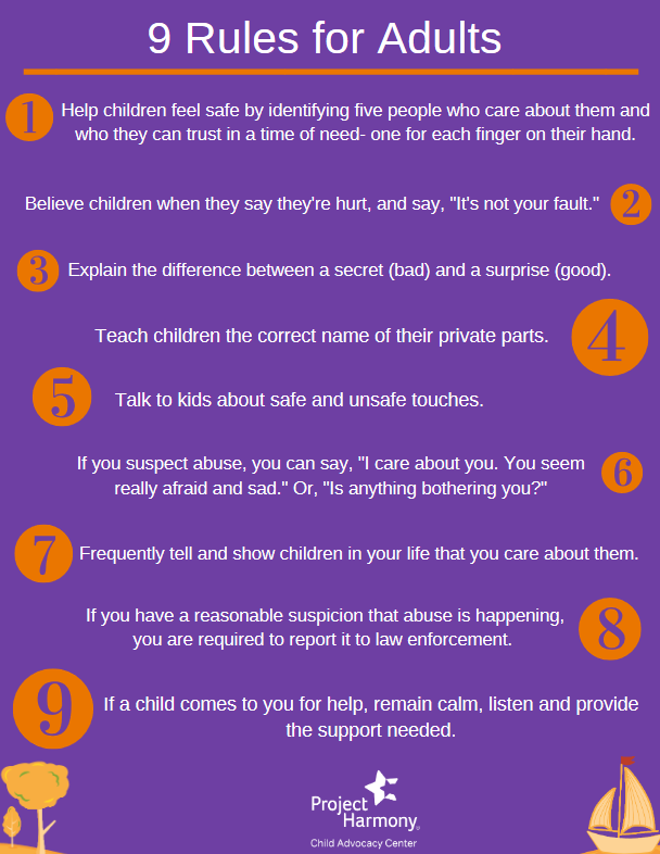 ProjectHarmony2's tweet photo. It’s #ChildAbuseAwareness Month – and we’ll be sharing ways throughout the month that adults can #BeSomeone in the lives of the children in our community. Today, you can act by learning, saving & sharing the 9 Rules in the graphic below! https://t.co/PawX2s5Jn5 https://t.co/l0oLUAYM1l