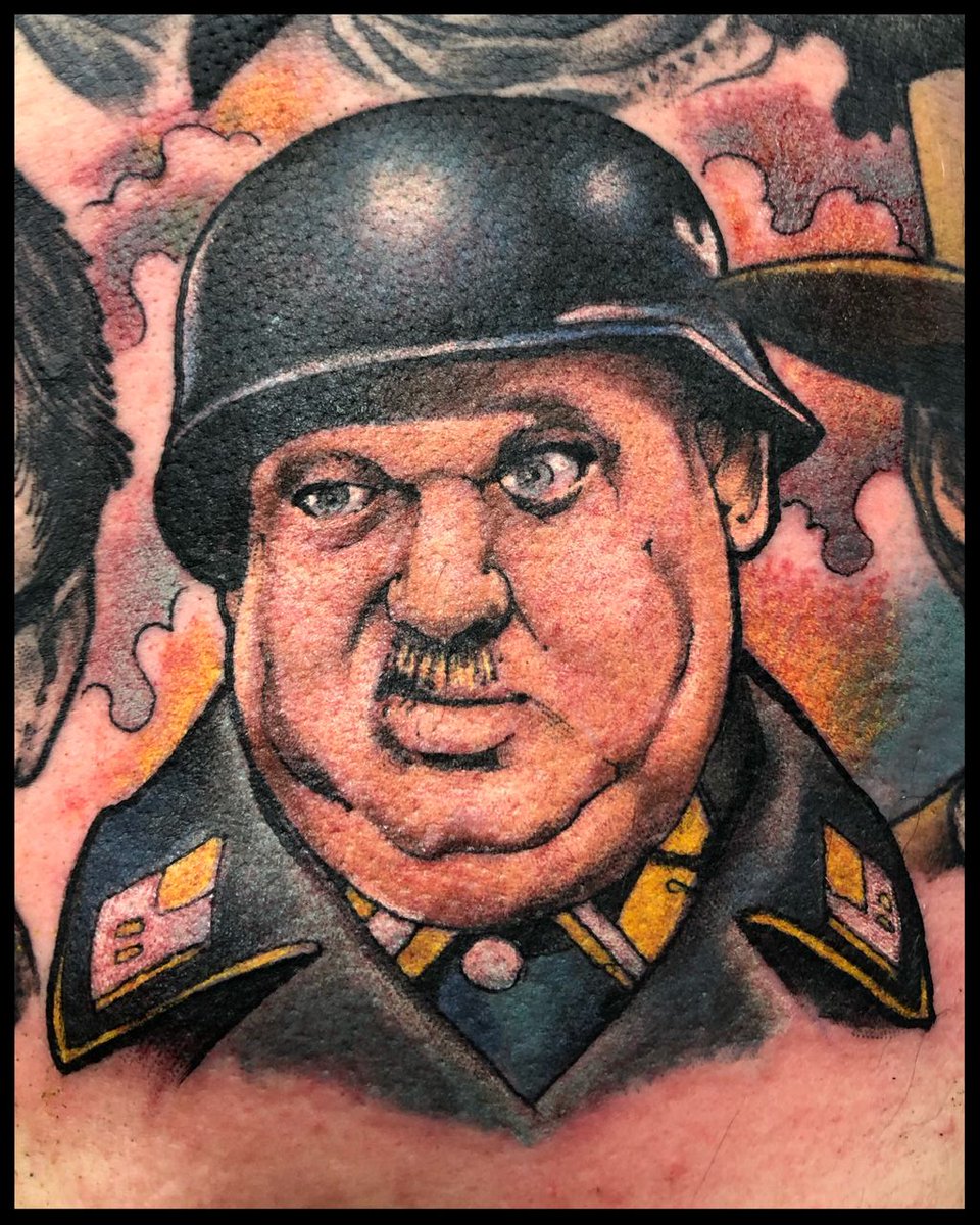 TattooRevival's tweet image. Fun fact: Col. Klink, Schultz, and the other reoccurring Nazi characters on #hogansheroes were played by Jewish Acters. John Banner (Schultz) was quoted as saying, “Well, who better to play Nazis than we Jews?” Tattoo by @woodbooger Kenny Brown #onehourportrait #iseenothing