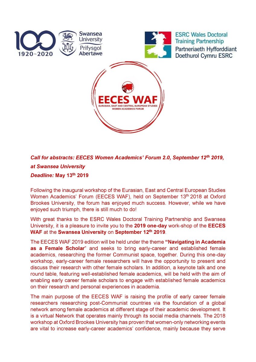 EECESWAF's tweet photo. 📢 CALL FOR ABSTRACTS! We're holding a workshop & inviting early-career female scholars researching the Post-Communist Space to submit abstracts by the 13th May! The event will be held @SwanseaUni on 12th Sept. Please RT & share! @WalesDTP @BASEES @aseeestudies @ESRC @ahrcpress https://t.co/mzZMaB80uo