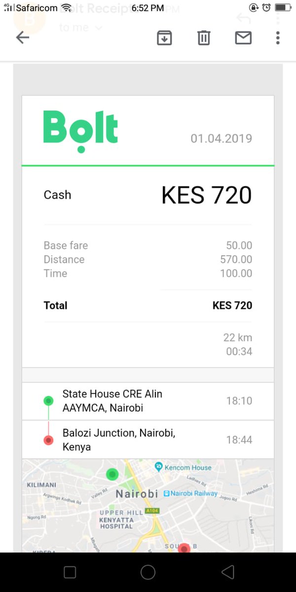 tarussharon's tweet photo. How dare @Boltapp_ke steal from your clients. This is not the first time and it is very wrong. From State House Crescent to South B is not 22kms!! Estimate was 260, then you dare charge 720. Stop stealing!! https://t.co/0P0oFsiJdg https://t.co/ZPWEuLrms5