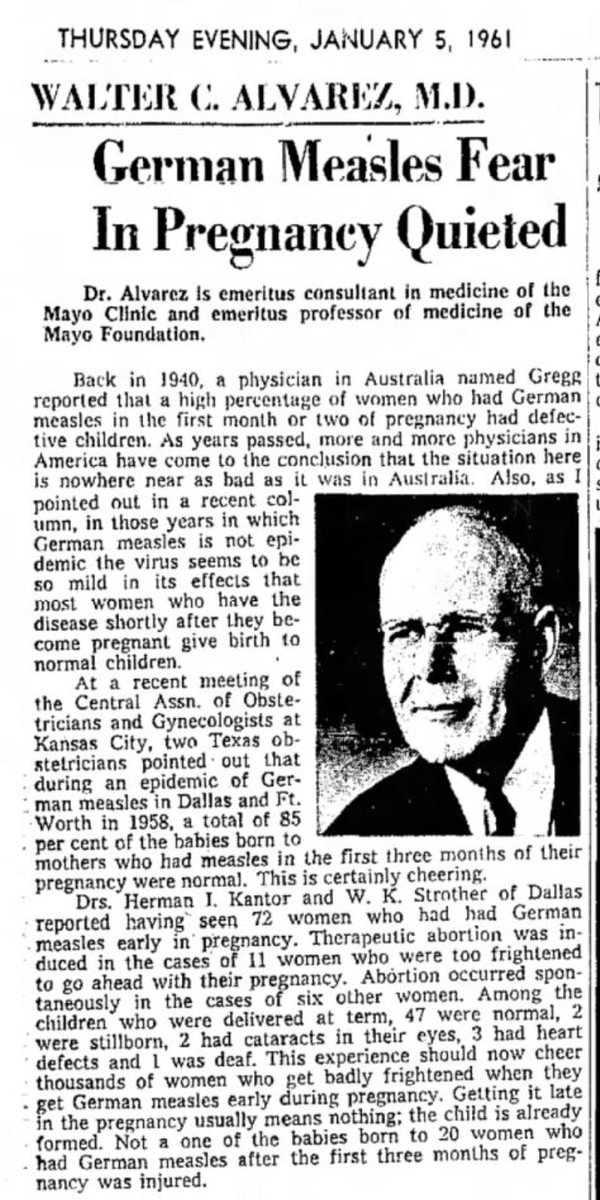 Telling 1961 article about German measles (Rubella) and pregnancy. The main reason we vaccinate for Rubella is to protect women from the illness during pregnancy, when it can cause problems with the baby.Before the vaccine, doctors tried to comfort & minimize the dangers.