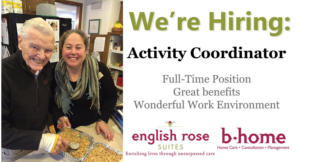 We're looking to hire a full-time Activity Coordinator to join our team! Visit englishrosesuites.com/employment/ for more information and to apply. #ResidentialCare #ActivityCoordinator #MeaningfulEngagement #LifeEnrichment #MemoryCare #ResidentialCareHome