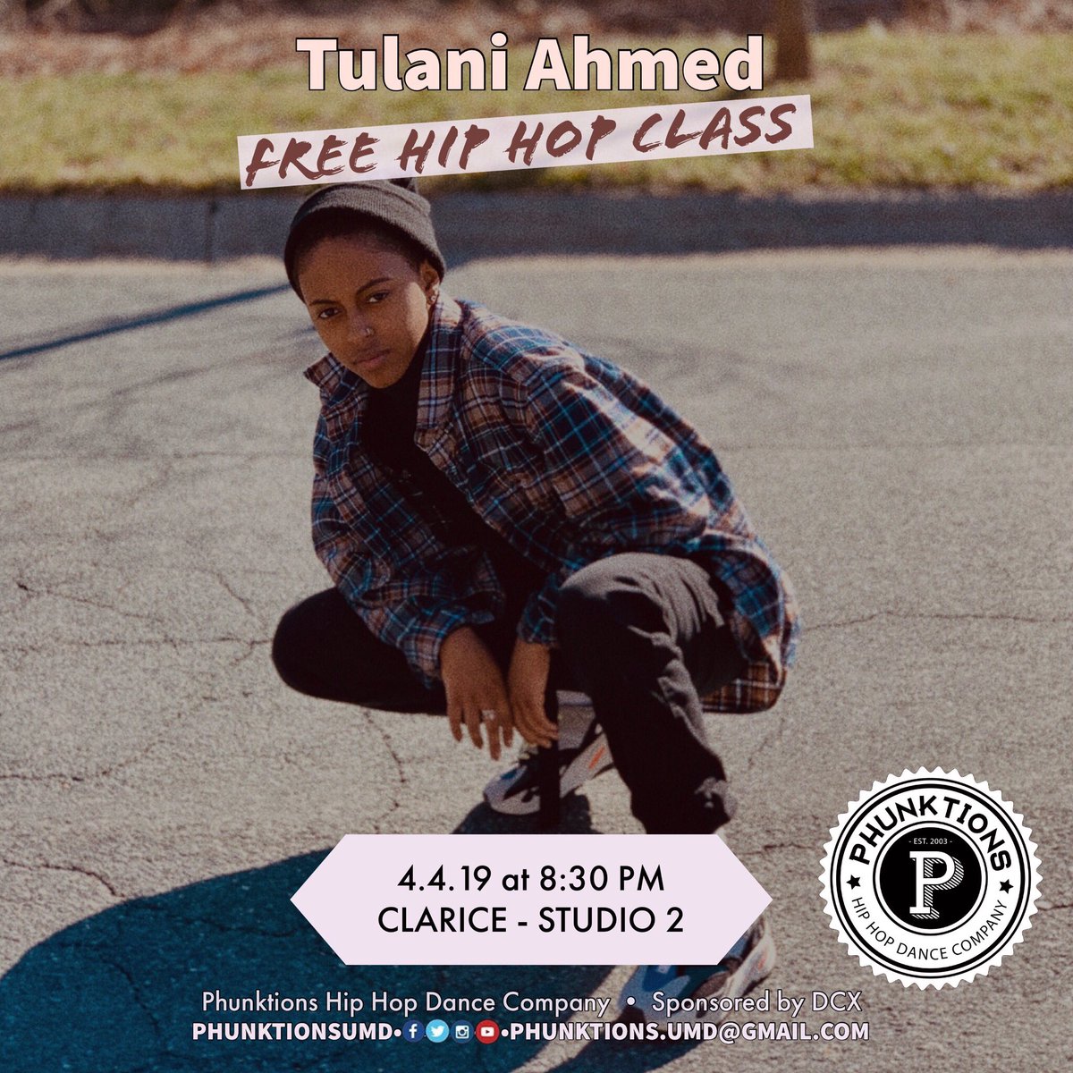 This week’s FREE company class teacher is Tulani Ahmed!!🤩✨ Come phunk with us THIS THURSDAY at 8:30pm in The Clarice, Studio 2. See y’all there👀👀 #phunktionsumd #comephunkwithus