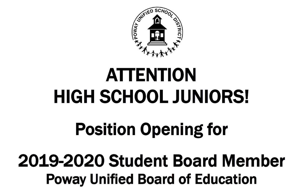 Now accepting applications for the 2019-2020 Student Board Member. Open to #PowayUnified high school juniors who will be seniors next school year. Helps us spread the word! Head to this link for more information: powayusd.com/en-US/Board/St…