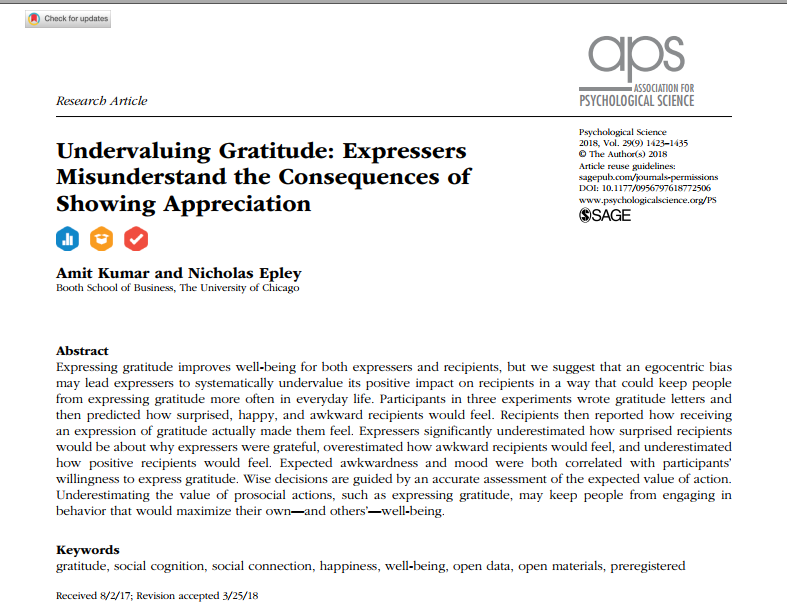 emollick's tweet photo. People avoid expressing gratitude because they think it might be weird and isn't a big deal. The evidence shows this is wrong! Some cool experiments indicating the world would be happier if people understood how nice it is to receive gratitude & were less worried about giving it! https://t.co/ixm3QhNXym
