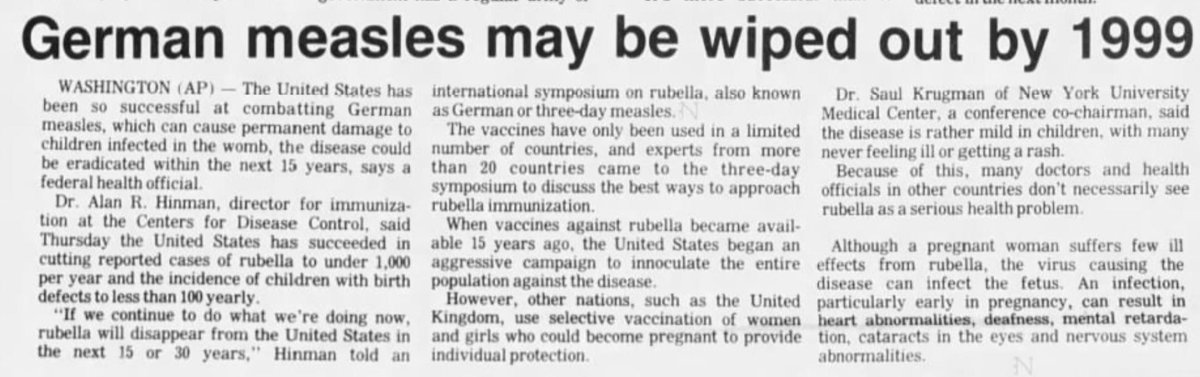 Once the fear-mongering has died down, doctors often enter Phase 2 of vaccine propoganda: Promises of eradication.This article was written in 1984, imploring the continued use of the Rubella vaccine not due to fear, but a civic duty to help eradicate a terrible disease.