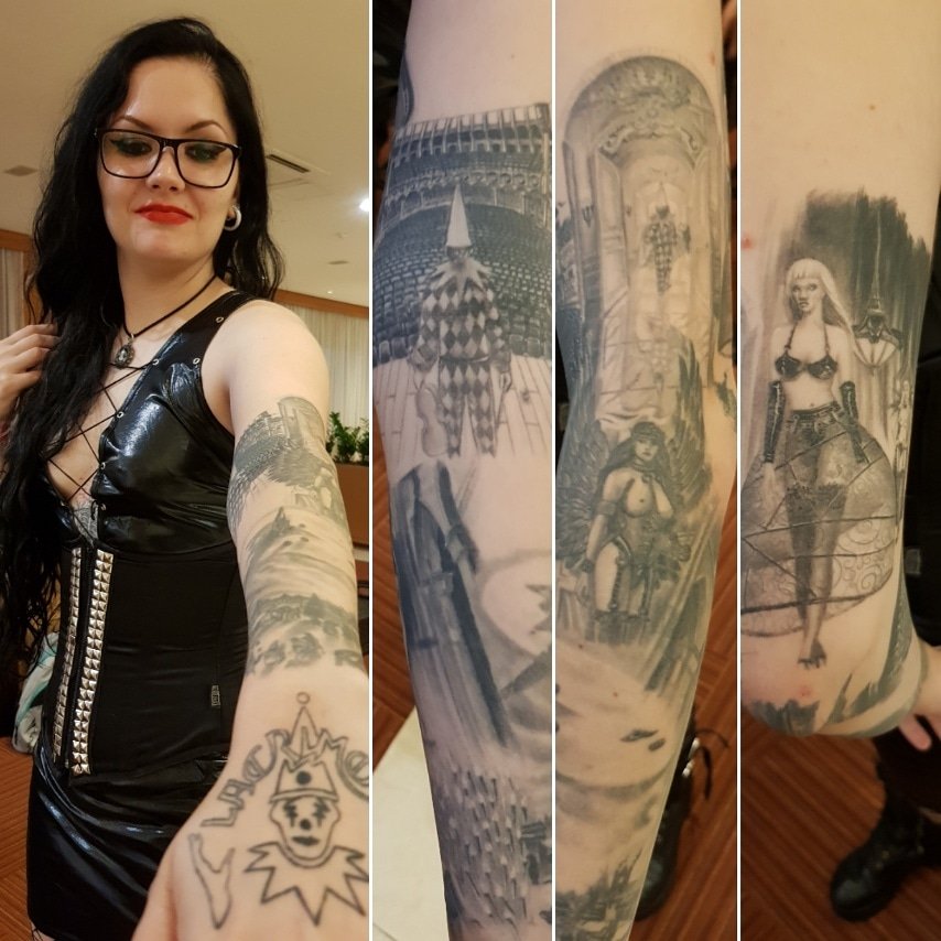 LacrimosaBand's tweet photo. Karina, one of the leaders of the Lacrimaniacos and her #tattoos! 
#lacrimosa #timetraveltour #gothic #metal #gothicmetal #lacrimaniacos #brazil https://t.co/eGTiLQ2Guh