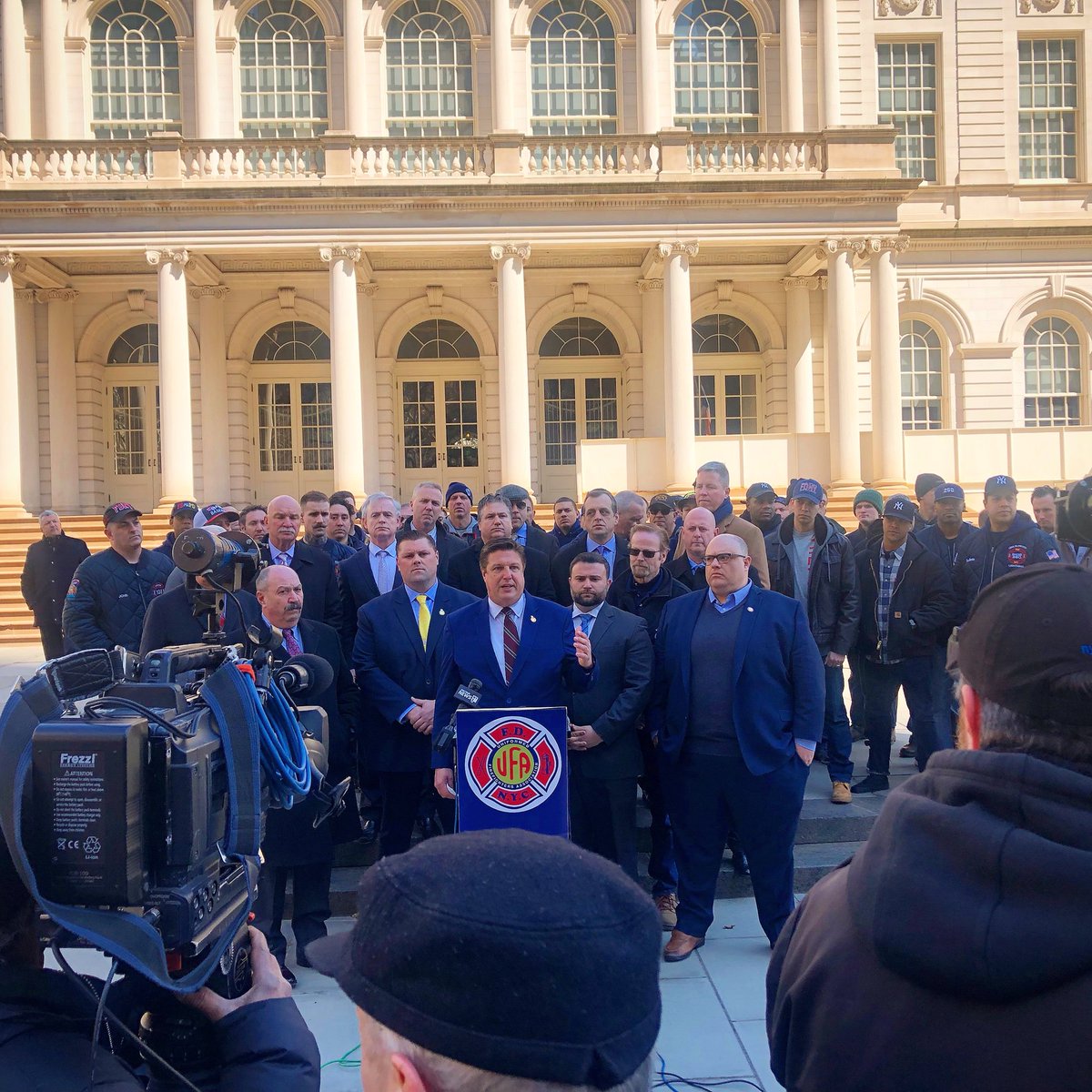 UFANYC's tweet photo. Today we held a press conference on the steps of City Hall in anticipation of the City pulling the 5th Firefighter from all 20 Group 2 Engines. Please SHARE this post to spread the word on how important the 5th Firefighter is. This is a dangerous job and we want to keep you safe. https://t.co/oOMOBvDkOP