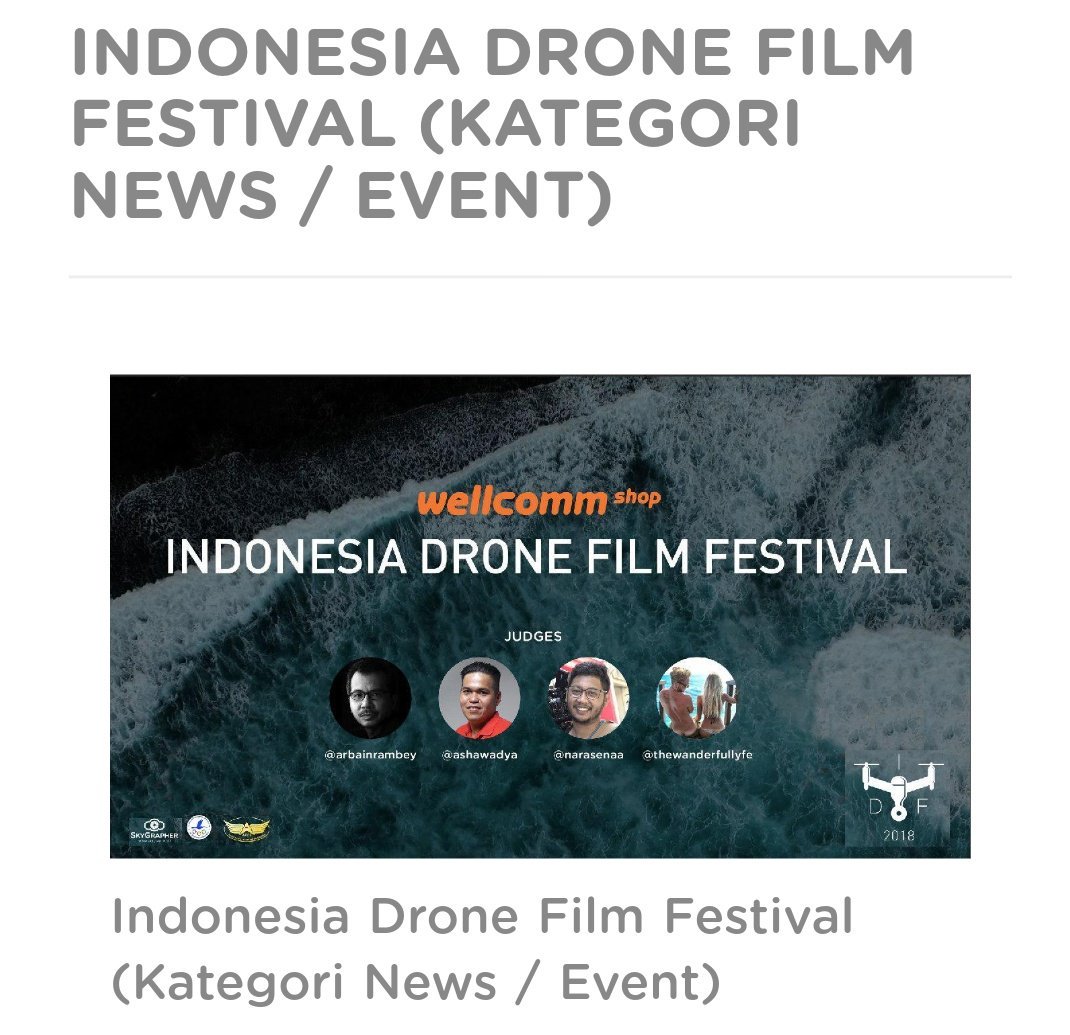 FRHcheko's tweet photo. Alhamdulillah awal April ini mendapat kabar baik.
1st Winner "Indonesia Drone Film Festival" - kategori News.
SkyGrapher sponsored by Wellcomm Shop.

Jurinya om @arbainrambey
Makasih om panutan🙏🙏🙏

Check the video here >> https://t.co/0KxHHbhAOp https://t.co/SCONWVcTLe