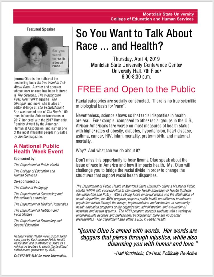 montclairMedHum's tweet image. So You Want to Talk About Race... &amp;amp; Health 🤔 
A topic nobody wants to miss out on. April 4th, at 6:00pm. University Hall 7th floor (Conference Center) 
See you there!